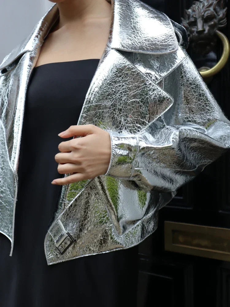 Women’s Oversized Silver Faux Leather Motorcycle Jacket