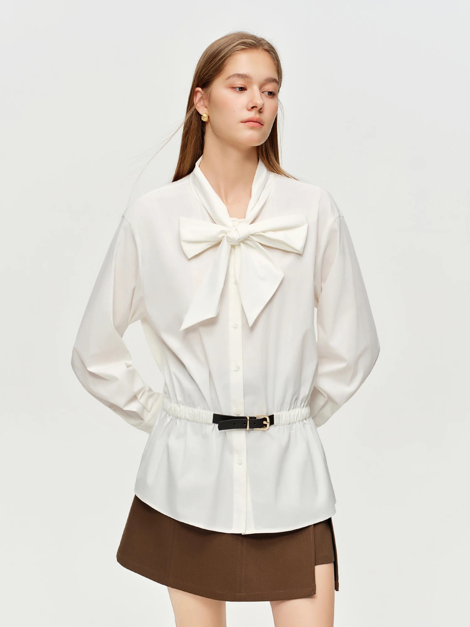 Women’s Belted Tie-Front Blouse White Shirt