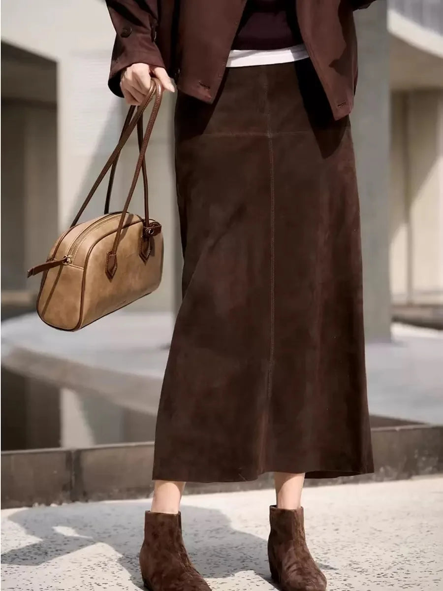 Retro Suede Leather Long Skirt