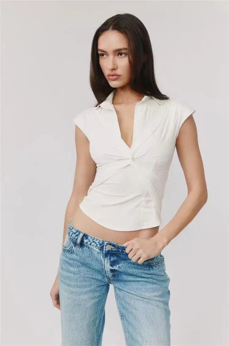 White Twisted V-Neck Short Sleeve Top