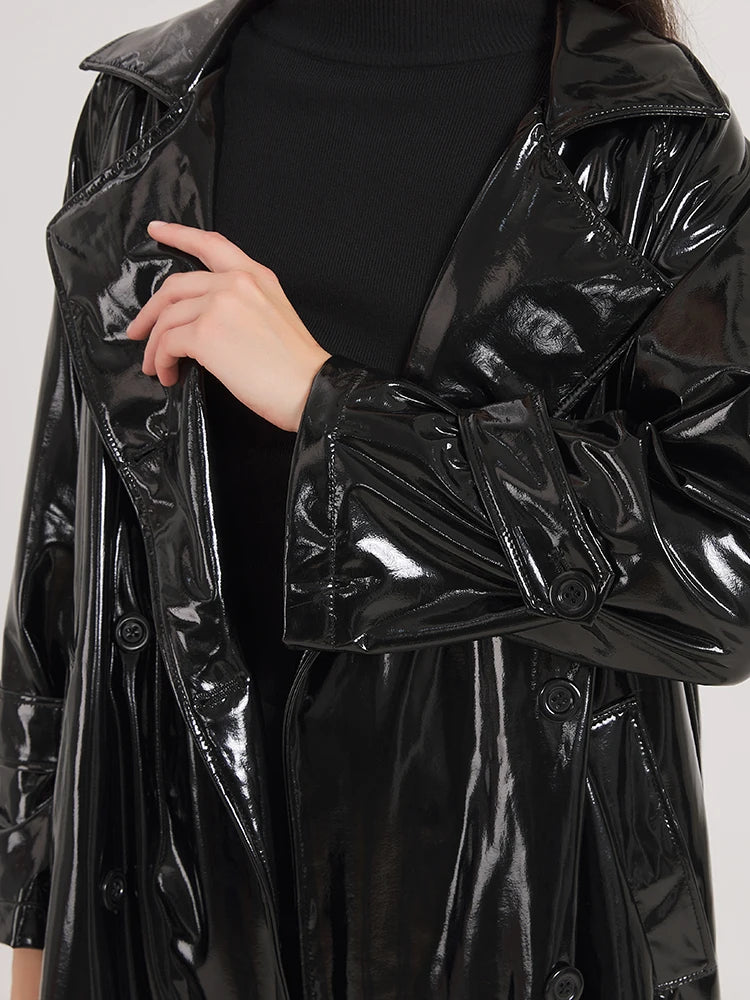 Black Reflective Patent Leather Trench