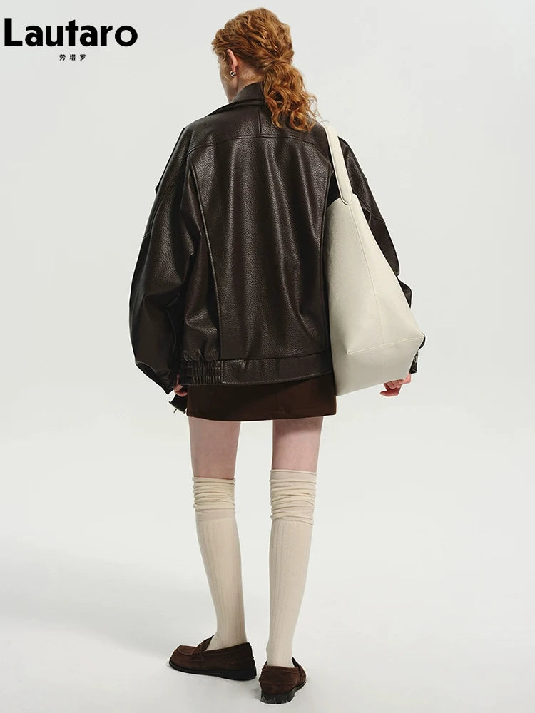 Brown Oversized PU Zip Up Jacket