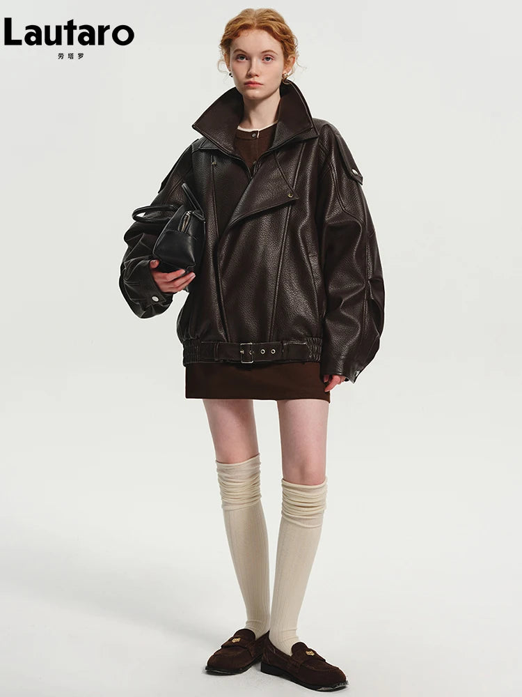 Brown Oversized PU Zip Up Jacket