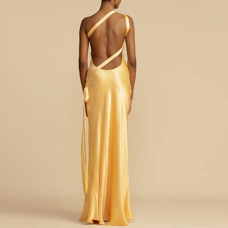 Inclined Shoulder Satin Boho Maxi Dress