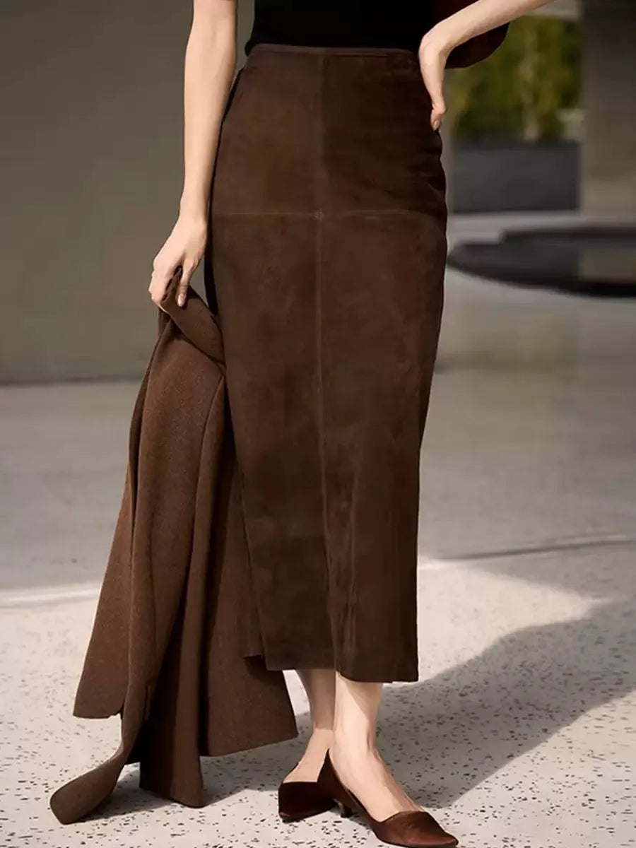Retro Suede Leather Long Skirt