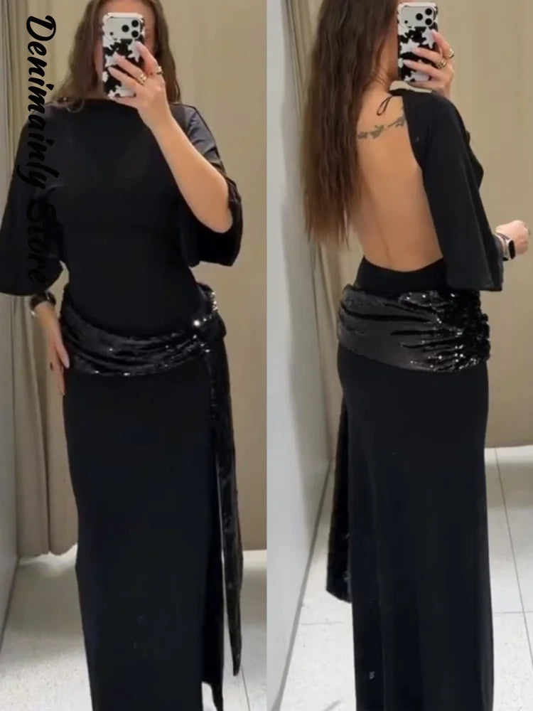 Women’s Sequined V-Neck Halter Long Dress