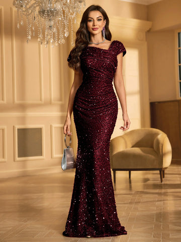 Women’s One Shoulder Draped Sleeveless Long Floor-Length Glitter Sequin Formal Evening Dress