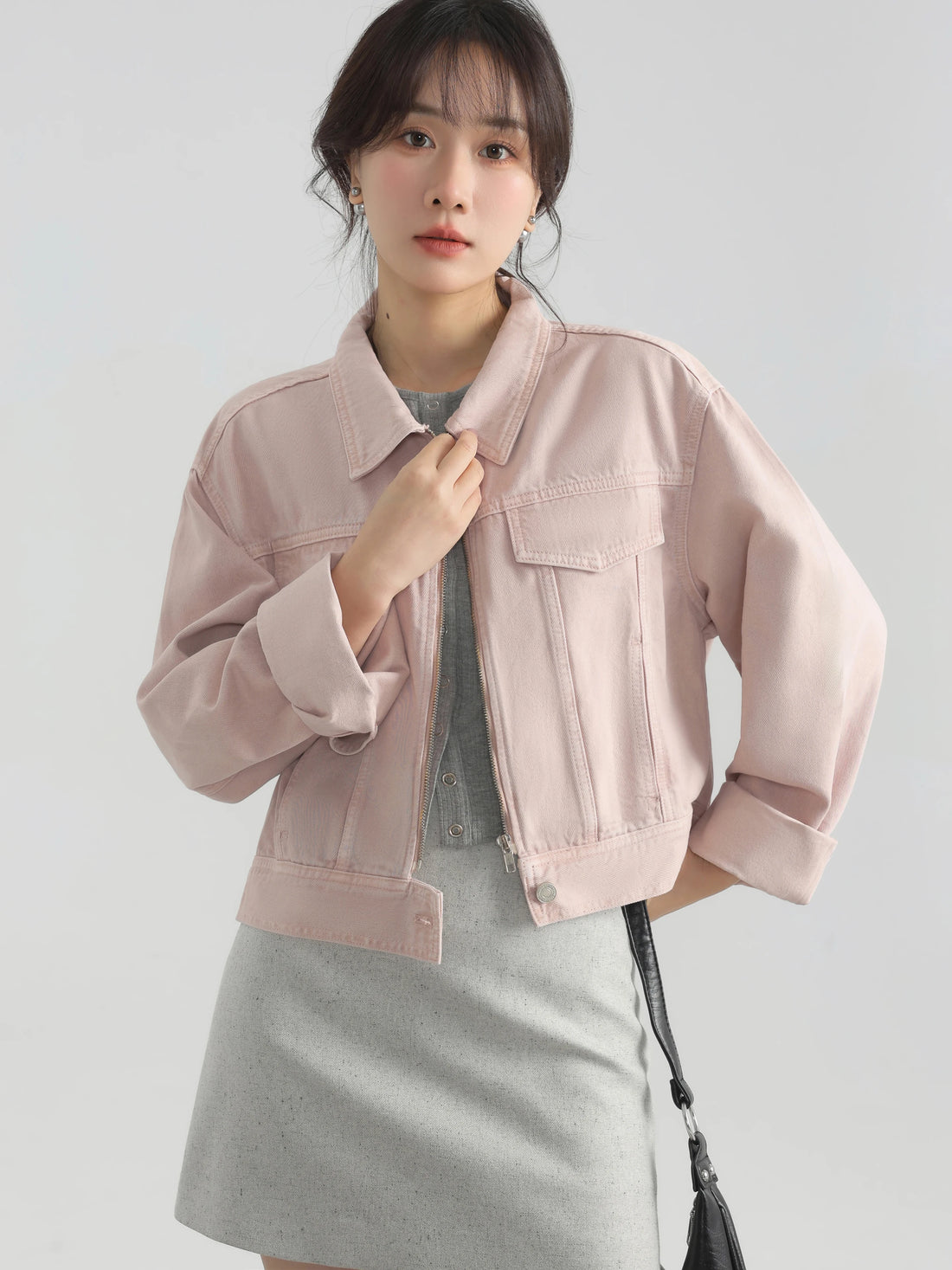 Women’s Pink Cropped Denim Jacket Slim Fit Zipper Coat