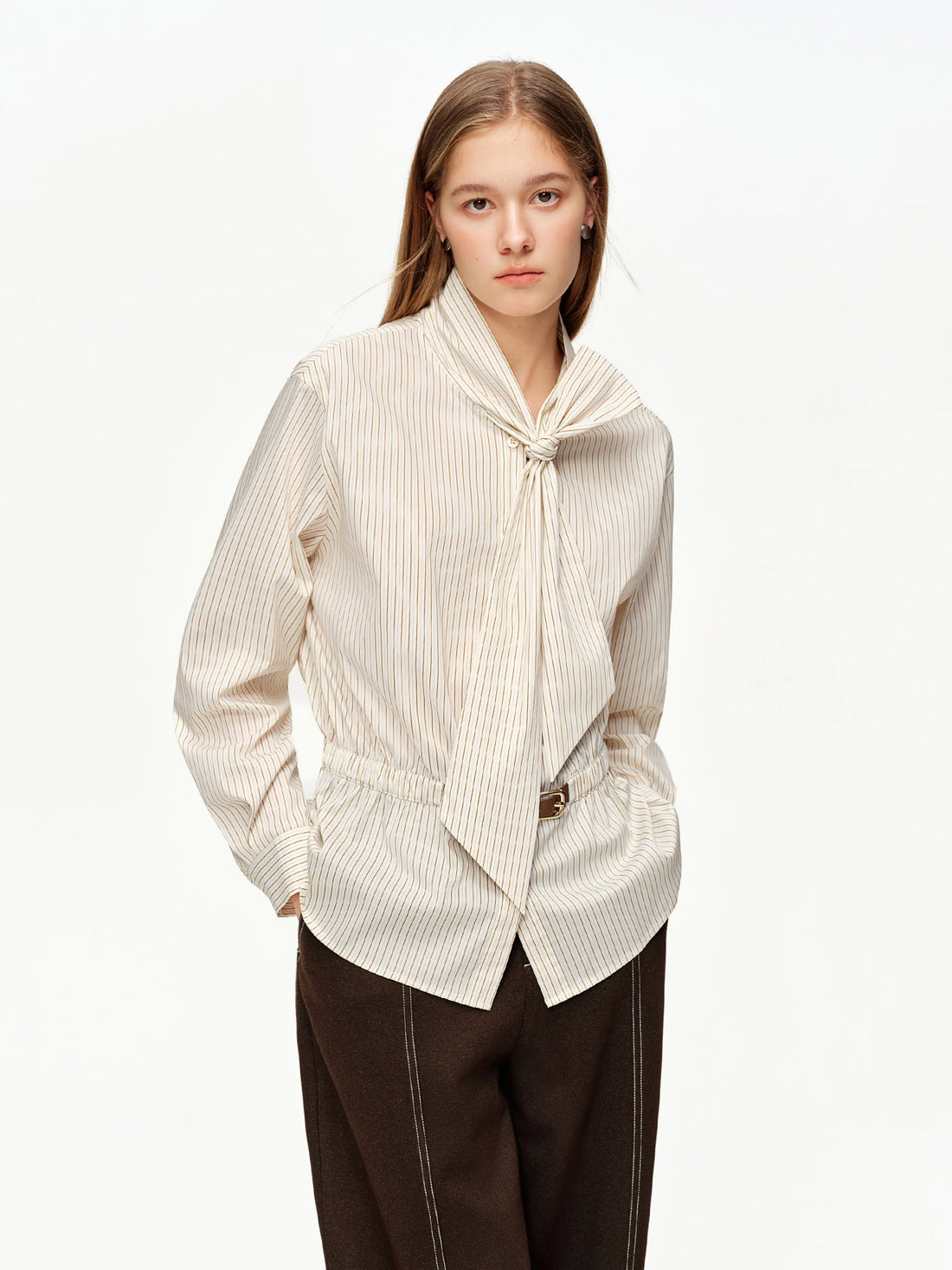 Women’s Belted Tie-Front Blouse White Shirt