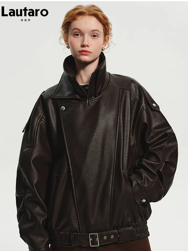 Brown Oversized PU Zip Up Jacket