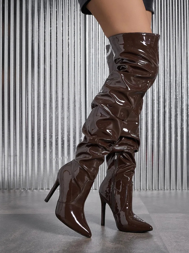 Brown Patent Leather Knee Boots