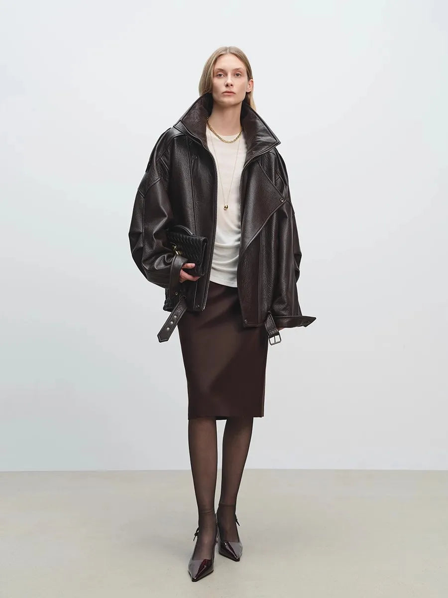 Oversized Black PU Belted Jacket