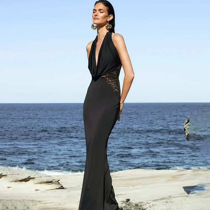 Slim-Fitting Cowl Halter Lace Long Dress