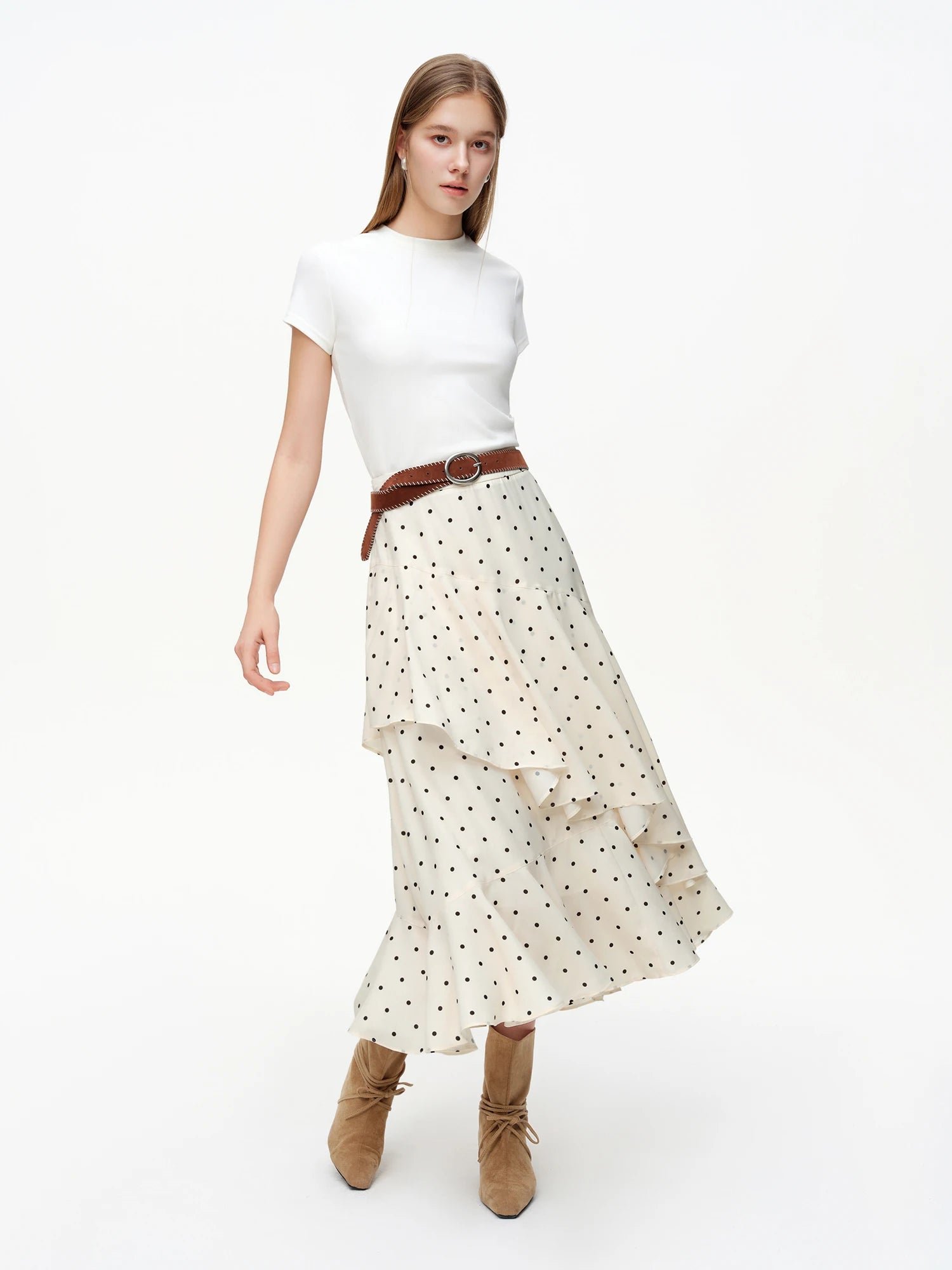 Women’s Polka Dot Ruffled Hem Midi Skirt