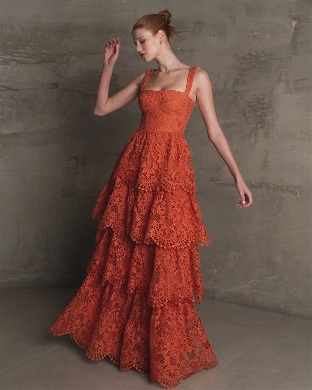 Women’s Orange A-Line Ruffle Prom Dress Sleeveless Evening Gown