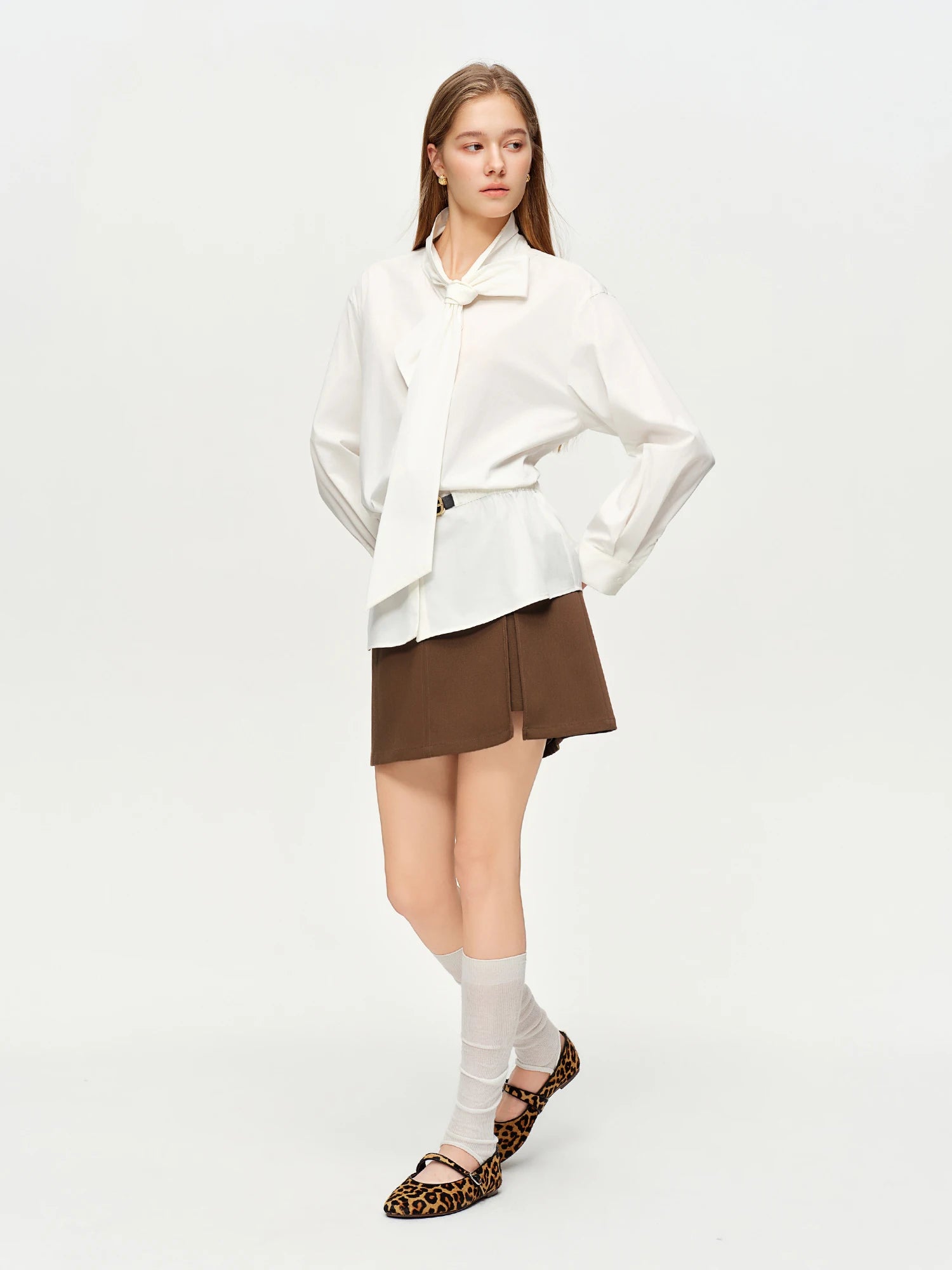 Women’s Belted Tie-Front Blouse White Shirt