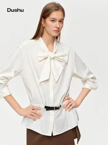 Women’s Belted Tie-Front Blouse White Shirt