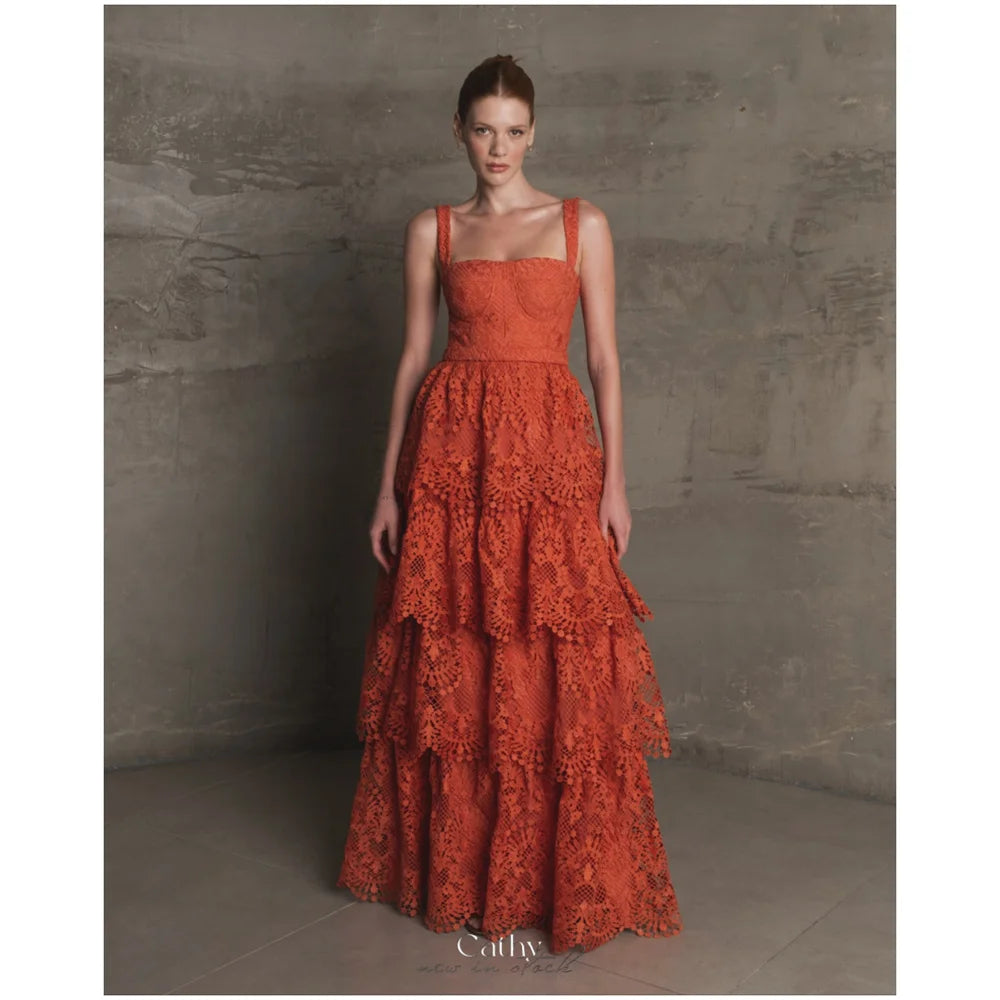 Women’s Orange A-Line Ruffle Prom Dress Sleeveless Evening Gown