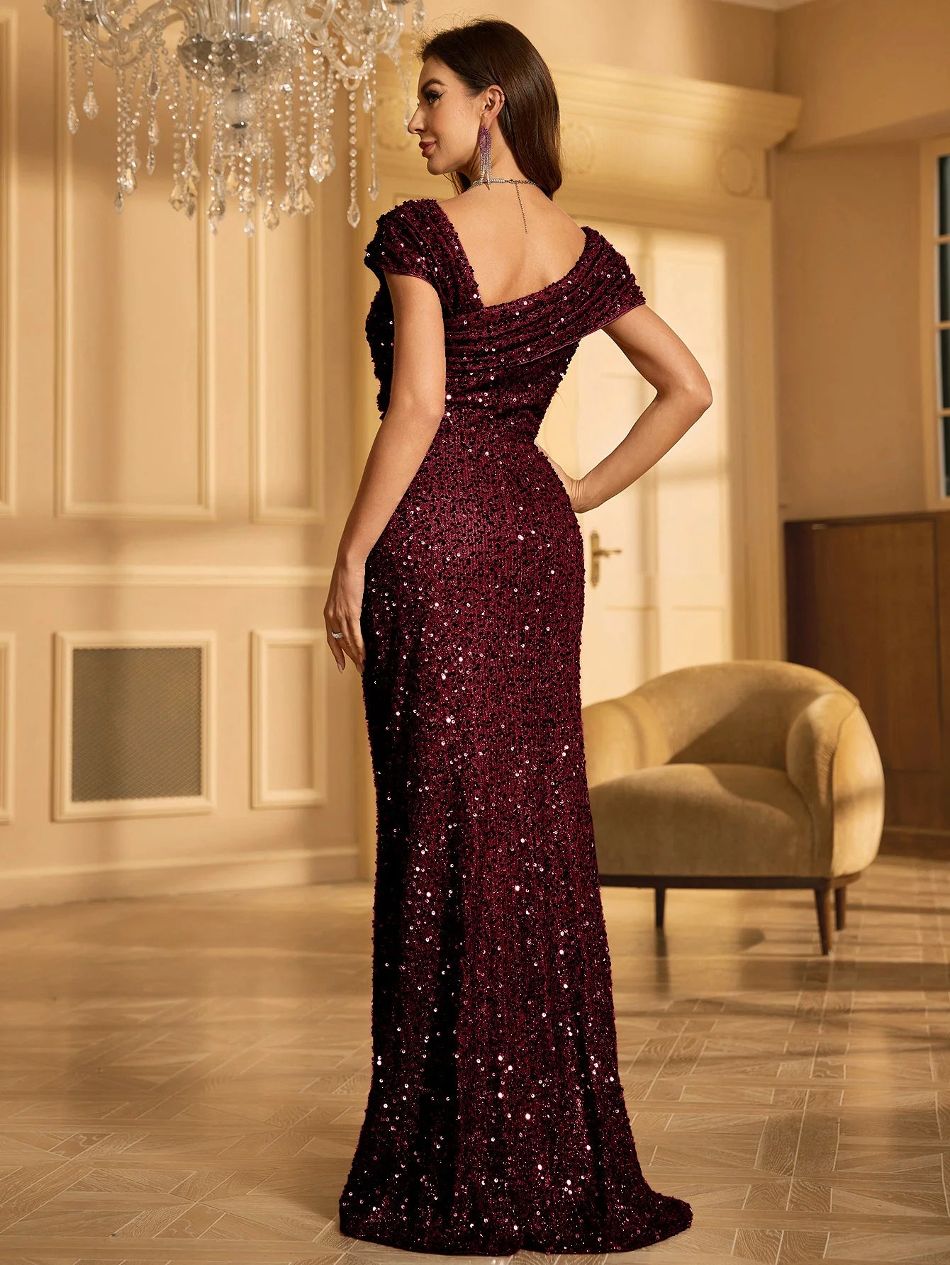 Women’s One Shoulder Draped Sleeveless Long Floor-Length Glitter Sequin Formal Evening Dress