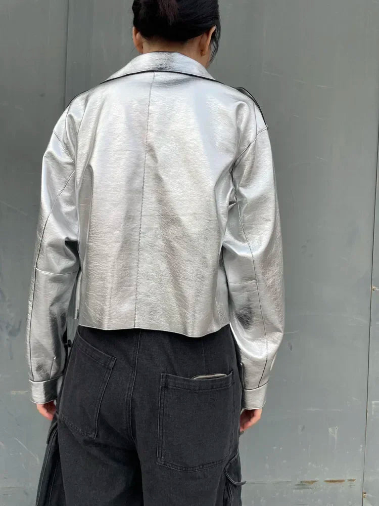 Women’s Oversized Silver Faux Leather Motorcycle Jacket