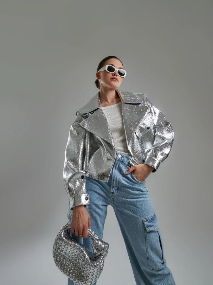 Women’s Oversized Silver Faux Leather Motorcycle Jacket