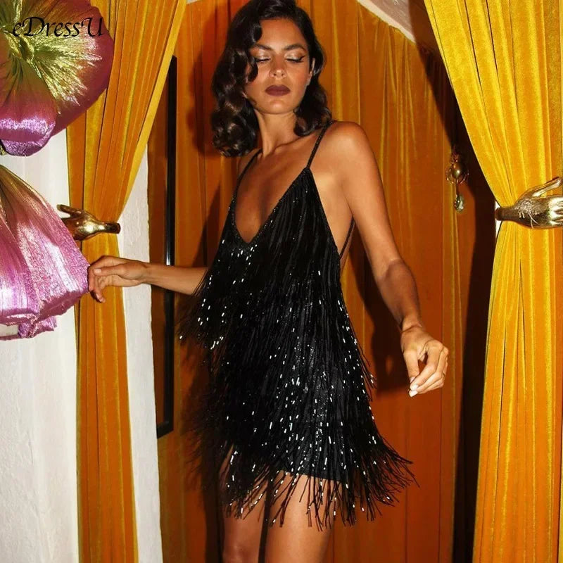 Deep V-Neck Spaghetti Strap Mini Dress