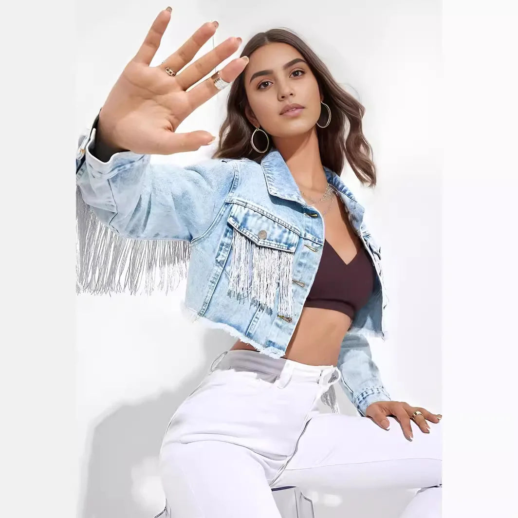 Women’s Short Denim Jacket Tassel Single-Breasted Coat