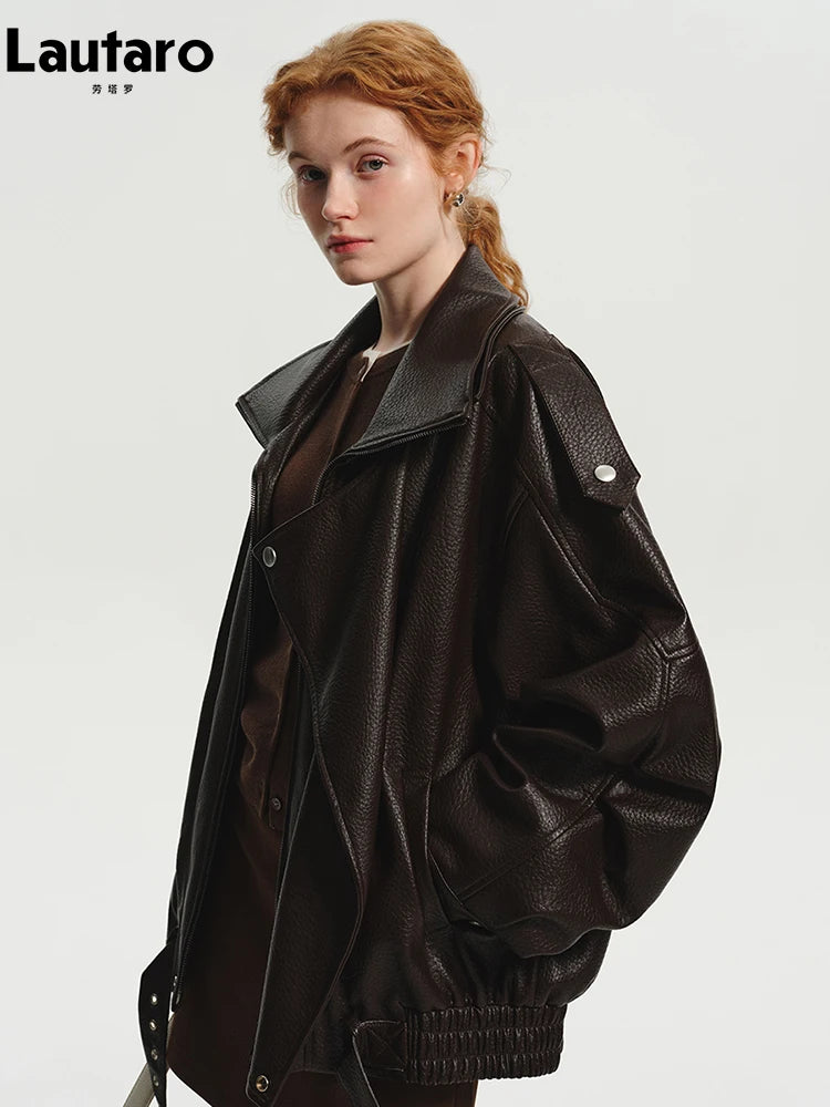Brown Oversized PU Zip Up Jacket