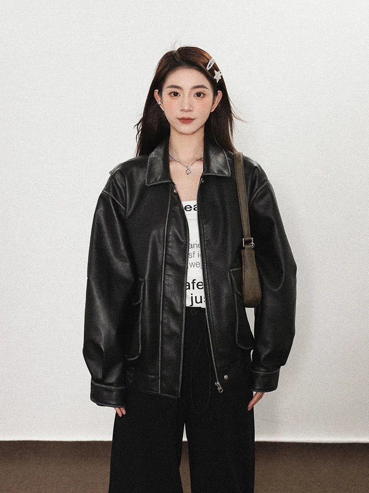 Distressed Brown PU Leather Jacket