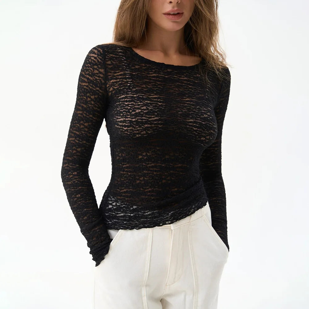 Sheer Lace Slim Round Neck Top