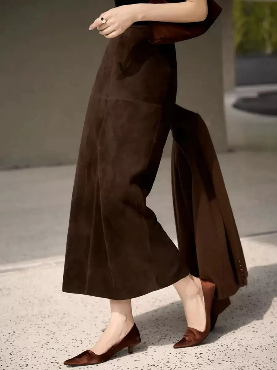Retro Suede Leather Long Skirt