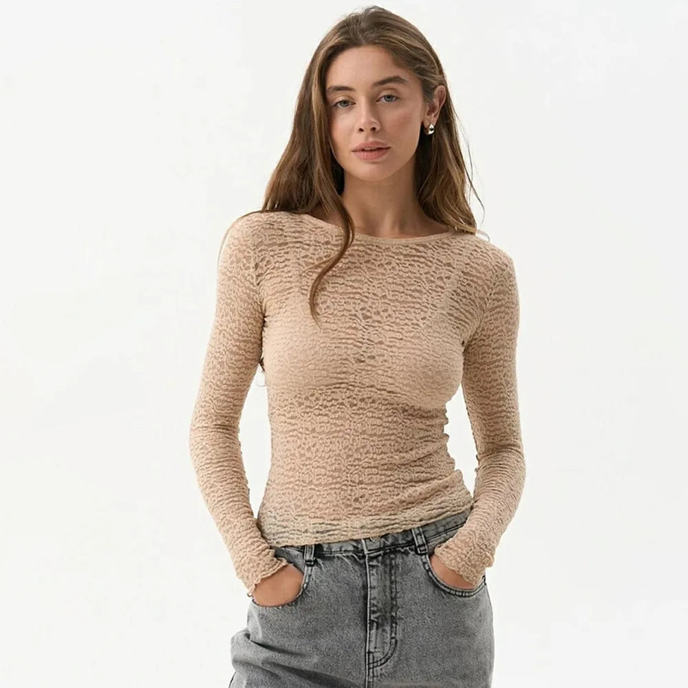 Sheer Lace Slim Round Neck Top