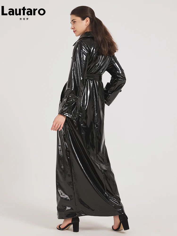Black Reflective Patent Leather Trench