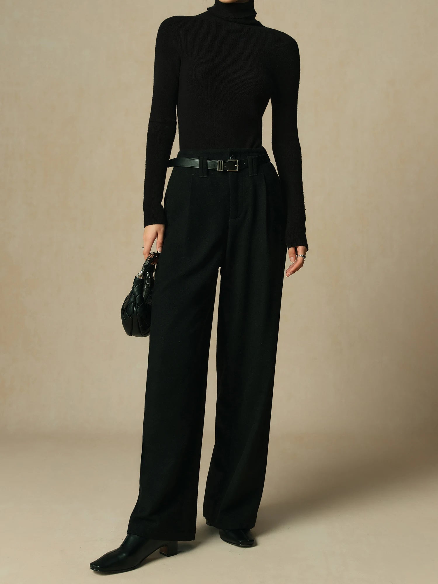 Wool Blend Black Straight Winter Pants