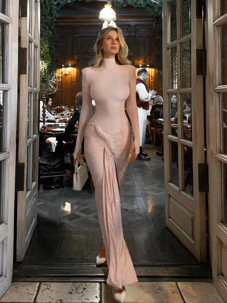 Women’s Ruched Turtleneck Long Sleeve Maxi Dress