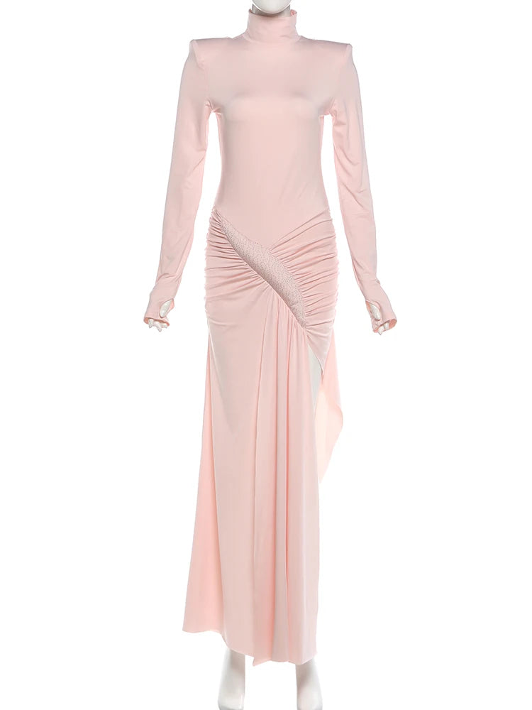 Women’s Ruched Turtleneck Long Sleeve Maxi Dress