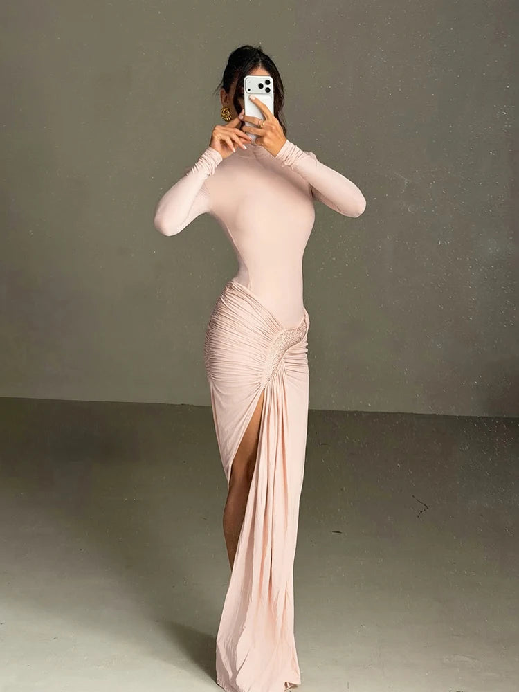 Women’s Ruched Turtleneck Long Sleeve Maxi Dress