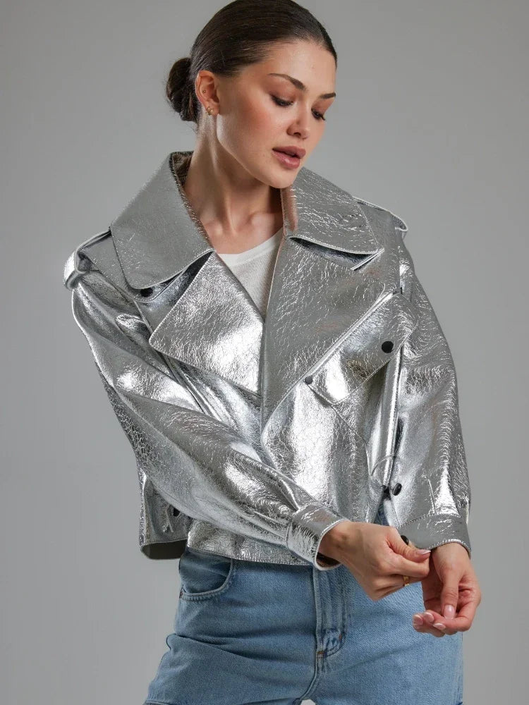 Women’s Oversized Silver Faux Leather Motorcycle Jacket
