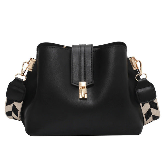Black Leather Bucket Crossbody Handbag