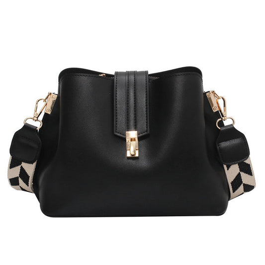 Black Leather Bucket Crossbody Handbag